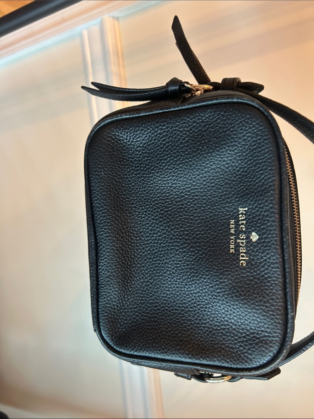 kate spade Black Pebbled Leather messenger Bag with Gold Logo and hardware